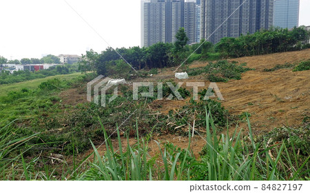 JOHOR, MALAYSIA -MARCH 5, 2021: Site clearing works and formation of building platforms for construction are underway. This work is done using heavy machinery. JOHOR, MALAYSIA -MARCH 5, 2021: Site clearing works and formation of building platforms for construction are underway. This work is done using heavy machinery. 84827197