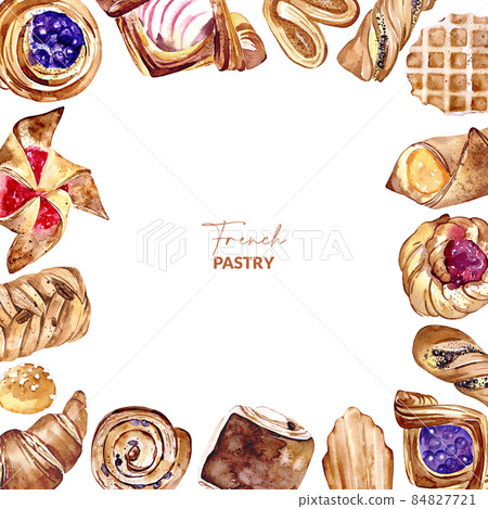 Realistic watercolor pastries in square frame. Hand drawn illustration of french baked food. Template of croissant, bun, danish, waffle for menu, packaging design or greeting card. 84827721
