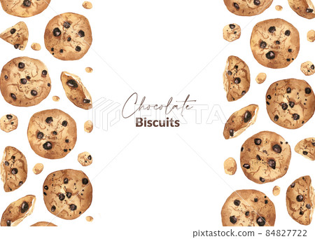 Realistic cookies with chocolate in watercolor. Template of hand drawn illustration of biscuits for packaging, menu design, greeting card. 84827722