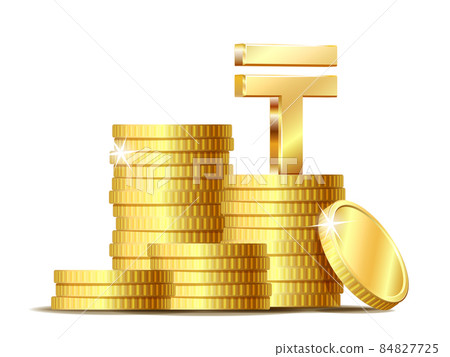 Stack of coins with Shiny golden Kazakhstani tenge Sign currency symbol. Stack of coins with Shiny golden Kazakhstani tenge Sign currency symbol. 84827725