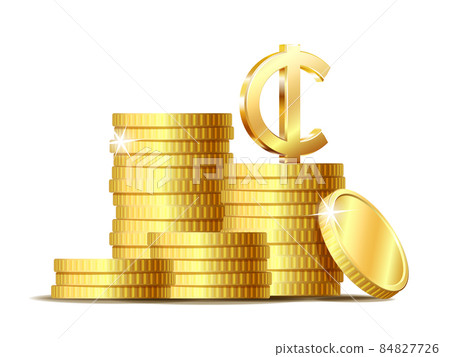 Stack of coins with Shiny golden Ghana Cedi Sign currency symbol. 84827726
