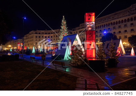 Thessaloniki, Greece decorated and illuminated Christmas tree at Aristotelous square.  84827745