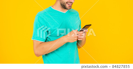 cropped man chat online. blogging as modern communication technology. 84827855