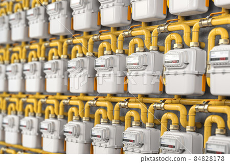 Natural gas meters iin a row. Household energy consumption. 84828178