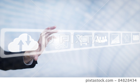 Businessman touch screen interface on the white background,graph Screen Icon of media screen, Technology Process System Business with Communication,Business with Communication and marketing concept 84828434