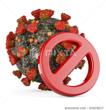 Virus with forbidden sign. Stop coronavirus concept. 3D rendering Virus with forbidden sign. Stop coronavirus concept. 3D rendering 84828627