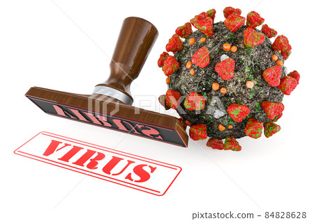Virus stamp. Wooden stamper with virus, 3D rendering 84828628