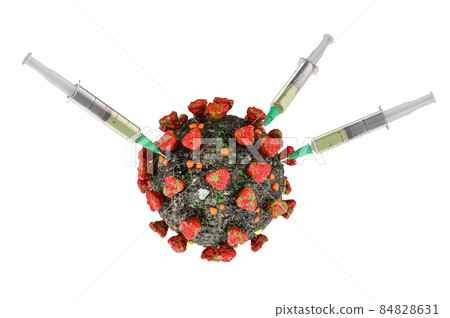 Revaccination concept. Coronavirus with syringes. 3D rendering Revaccination concept. Coronavirus with syringes. 3D rendering 84828631