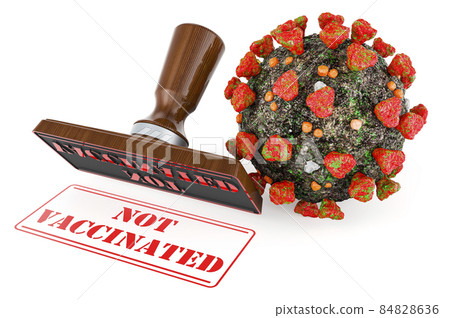 Not vaccinated stamp. Wooden stamper with virus, 3D rendering Not vaccinated stamp. Wooden stamper with virus, 3D rendering 84828636