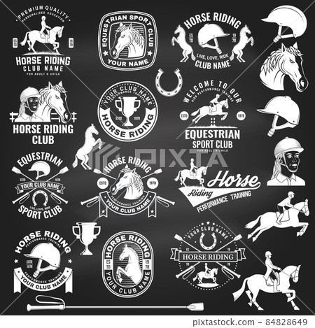 Set of Horse riding sport club badges, patches, emblem, logo. Vector illustration. Vintage monochrome equestrian label with rider, helmet and horse silhouettes. Horseback riding sport. Concept for Set of Horse riding sport club badges, patches, emblem, logo. Vector illustration. Vintage monochrome equestrian label with rider, helmet and horse silhouettes. Horseback riding sport. Concept for 84828649