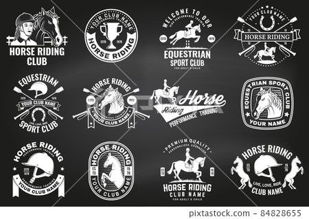 Set of Horse riding sport club badges, patches, emblem, logo. Vector illustration. Vintage monochrome equestrian label with rider, helmet and horse silhouettes. Horseback riding sport. Concept for Set of Horse riding sport club badges, patches, emblem, logo. Vector illustration. Vintage monochrome equestrian label with rider, helmet and horse silhouettes. Horseback riding sport. Concept for 84828655