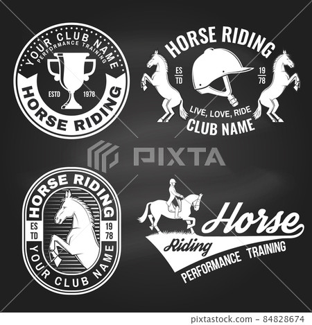Set of Horse riding sport club badges, patches, emblem, logo. Vector illustration. Vintage monochrome equestrian label with rider, helmet and horse silhouettes. Horseback riding sport. Concept for 84828674