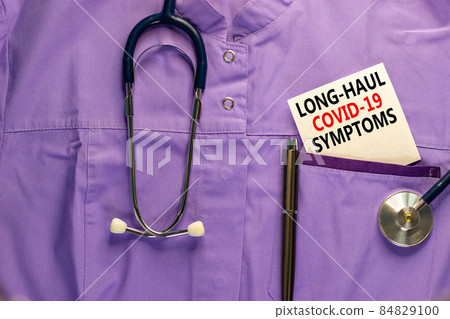 COVID-19 long-haul covid symptoms symbol. White card with words Long-haul covid-19 symptoms. Medical uniform, metalic pen and stethoscope. Medical, COVID-19 long-haul covid symptoms concept. 84829100