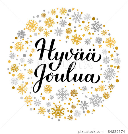 Hyvaa Joulua calligraphy hand lettering with gold and silver snowflakes. Merry Christmas typography poster in Finnish. Vector template for greeting card, banner, flyer, sticker, etc Hyvaa Joulua calligraphy hand lettering with gold and silver snowflakes. Merry Christmas typography poster in Finnish. Vector template for greeting card, banner, flyer, sticker, etc 84829374