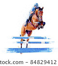 Jockey on horse. Horse Jumping. Equestrian Events. Show Jumping Competition. Watercolor painting illustration isolated on white background 84829412