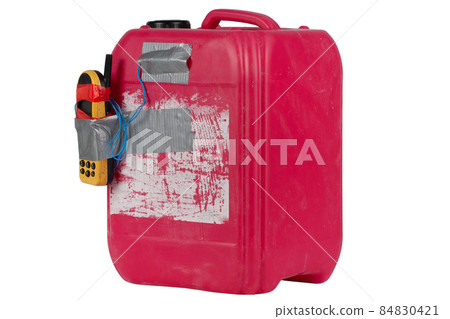 Red chemical jug IED bomb with cell phone fuse. Red chemical jug IED bomb with cell phone fuse. 84830421
