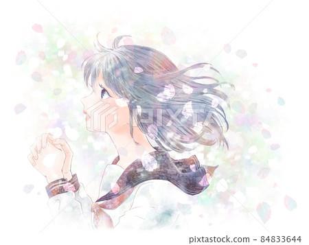 Female student praying upward / Glitter background & Sakura Fubuki 84833644