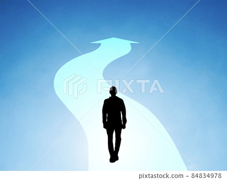Curved arrow and male silhouette in the blue sky 84834978