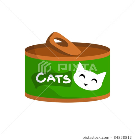 Cat food tin with smile cat. Feed for domestic animals. Can with green label. Kittens conserved meal packaging. Cylinder container. Veterinary shop merchandise. Vector pets nutrition 84838812