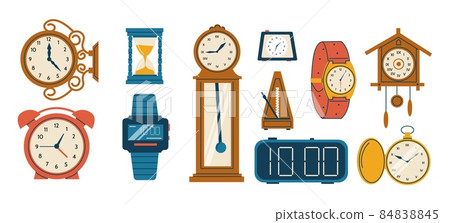 Doodle clock. Cartoon vintage and digital watches. Wristwatch and hourglass. Home interior time measure tower. Wooden and plastic alarm timepiece or metronome. Vector chronometers set Doodle clock. Cartoon vintage and digital watches. Wristwatch and hourglass. Home interior time measure tower. Wooden and plastic alarm timepiece or metronome. Vector chronometers set 84838845