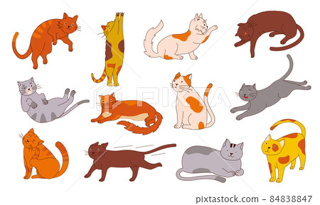 Doodle cat. Funny home animal sticker with simple sketch. Happy sitting staying and lying cats, cute outline kitten character bundle in different poses. Vector fluffy pet isolated set Doodle cat. Funny home animal sticker with simple sketch. Happy sitting staying and lying cats, cute outline kitten character bundle in different poses. Vector fluffy pet isolated set 84838847