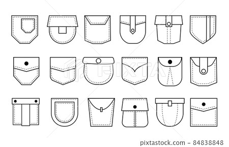 Pocket line icons. Jeans bag patch with stitches. Denim pants and shirt pouches with seams, buttons and pleats. Casual garment collection. Sewed cloth. Vector trousers elements set Pocket line icons. Jeans bag patch with stitches. Denim pants and shirt pouches with seams, buttons and pleats. Casual garment collection. Sewed cloth. Vector trousers elements set 84838848