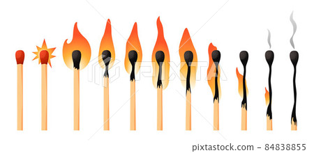 Burning match animation kit. Wood whole matchstick with sulfur head flaming stages from ignition to extinction. Sequence steps of combustion. Vector cartoon household wooden stick set 84838855