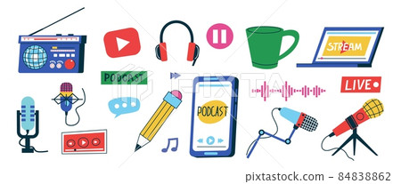 Podcast doodle graphic. Abstract minimalistic icons of microphone recording voice. Radio and music broadcasting collection. Headphones and online player. Vector streaming symbols set Podcast doodle graphic. Abstract minimalistic icons of microphone recording voice. Radio and music broadcasting collection. Headphones and online player. Vector streaming symbols set 84838862