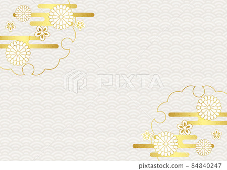 日本紙風格白色日本花和金箔雲青海波浪背景水平 插圖素材 圖庫
