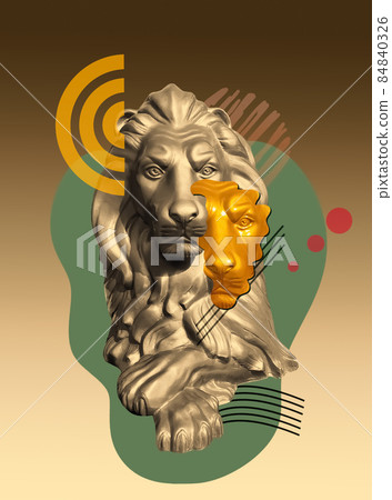 Collage with lion in a pop art style. Modern creative concept image with ancient statue. 84840326