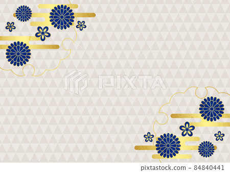 日本紙風格藍色日本花和金葉雲鱗圖案背景水平 日本紙風格藍色日本花和金葉雲鱗圖案背景水平 84840441