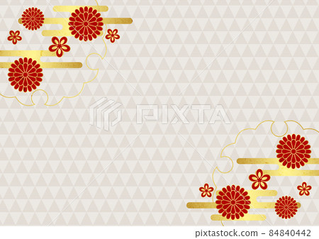 日本紙式紅色日本花和金葉雲鱗圖案背景水平 84840442