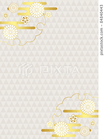 日本紙風格白色日本花和金葉雲鱗圖案背景垂直 日本紙風格白色日本花和金葉雲鱗圖案背景垂直 84840443