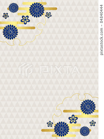 日本紙風格藍色日本花和金葉雲鱗圖案背景垂直 日本紙風格藍色日本花和金葉雲鱗圖案背景垂直 84840444