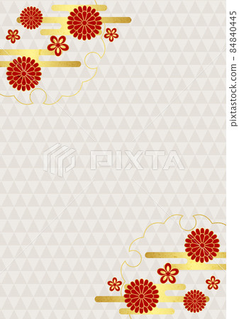 日本紙式紅色日本花和金箔雲鱗圖案背景垂直 84840445