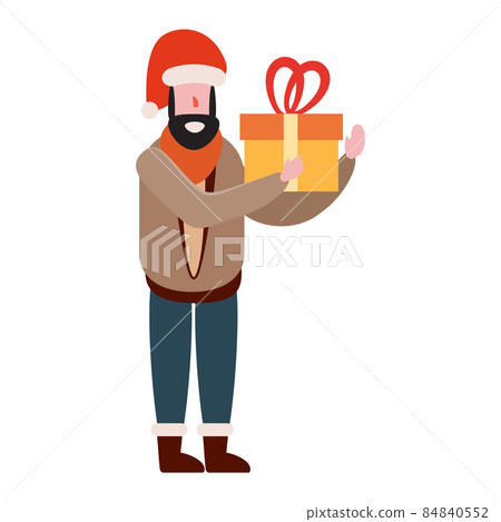 Man with with gift box, winter cold weather clothes, cap, warm coat, boots. Cartoon flat style 84840552