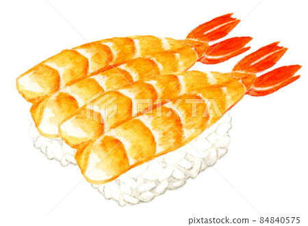 蝦握壽司兩件套，日本料理手繪水彩插圖素材 84840575