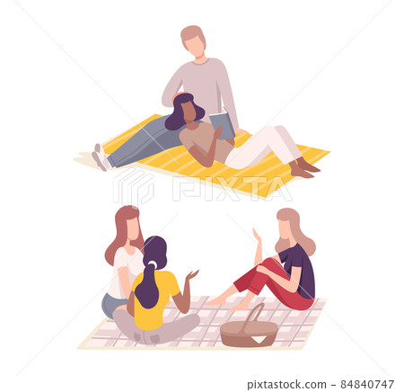 People Character Having Picnic in the Park Sitting on Blanket with Hamper Reading Book and Talking Vector Set People Character Having Picnic in the Park Sitting on Blanket with Hamper Reading Book and Talking Vector Set 84840747