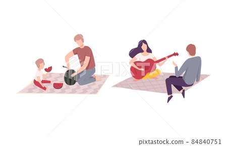 People Character Having Picnic in the Park Sitting on Blanket Eating Watermelon and Playing Guitar Vector Set People Character Having Picnic in the Park Sitting on Blanket Eating Watermelon and Playing Guitar Vector Set 84840751