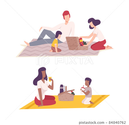 People Character Having Picnic in the Park Sitting on Blanket with Hamper Vector Set 84840762