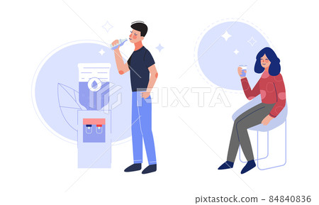 Young Man and Woman Drinking Clean and Pure Potable Water Quenching Thirst Vector Set 84840836