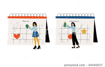 Young Woman Near on Huge Desk Calendar with Marked Appointment and Date Vector Set Young Woman Near on Huge Desk Calendar with Marked Appointment and Date Vector Set 84840837