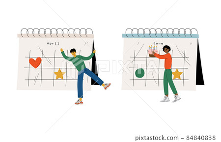 Young Man Near Huge Desk Calendar with Marked Appointment and Date Vector Set 84840838