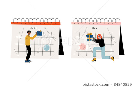 Young Man and Woman Near Huge Desk Calendar with Marked Appointment and Date Vector Set Young Man and Woman Near Huge Desk Calendar with Marked Appointment and Date Vector Set 84840839