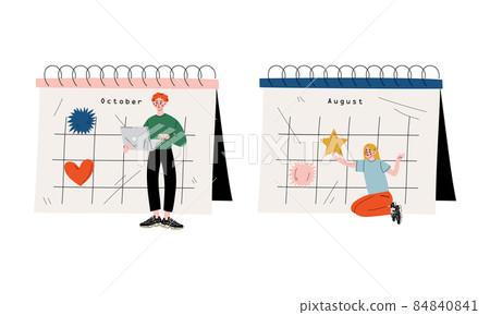 Young Man and Woman Near Huge Desk Calendar with Marked Appointment and Date Vector Set Young Man and Woman Near Huge Desk Calendar with Marked Appointment and Date Vector Set 84840841