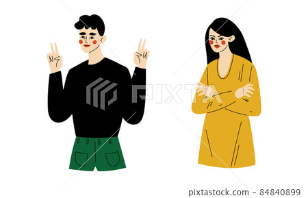 Young Man and Woman Showing Hand Gesture Expressing Emotion and Reaction Vector Set Young Man and Woman Showing Hand Gesture Expressing Emotion and Reaction Vector Set 84840899