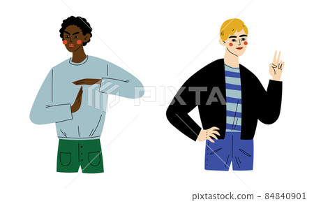 Young Man Showing Hand Gesture Expressing Emotion and Reaction Vector Set 84840901