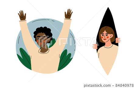 Young Man and Woman Peeking Out of Window with Flora Vector Set Young Man and Woman Peeking Out of Window with Flora Vector Set 84840978
