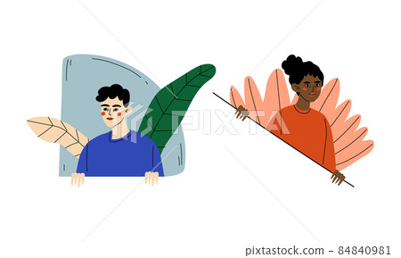 Young Man and Woman Peeking Out of Window with Flora Vector Set 84840981