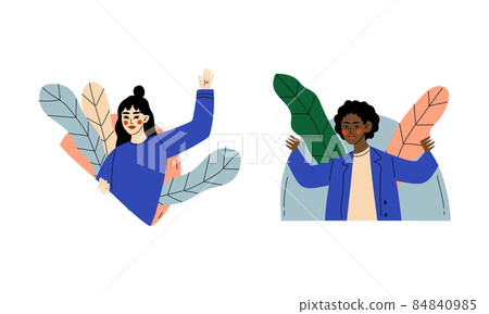 Young Woman Peeking Out of Window with Flora Vector Set 84840985